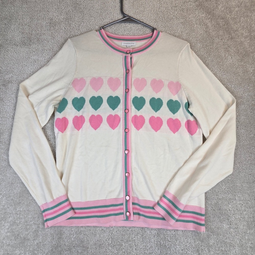 Charter Club Womens Heart Cardigan Cream Button Front Size M Coquette Preppy